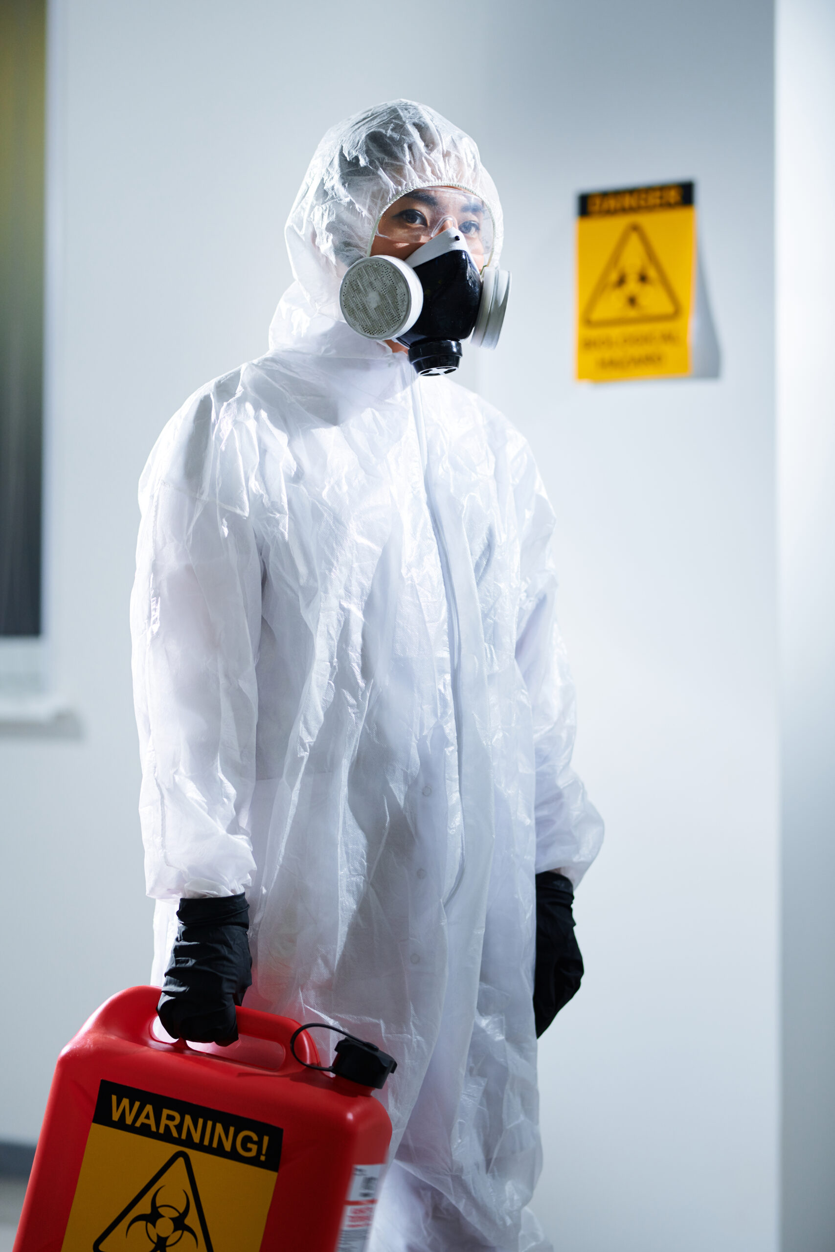 Serious laboratory worker in biohazard suit and respiratory mask standing in corridor and holding gallon of toxic substance