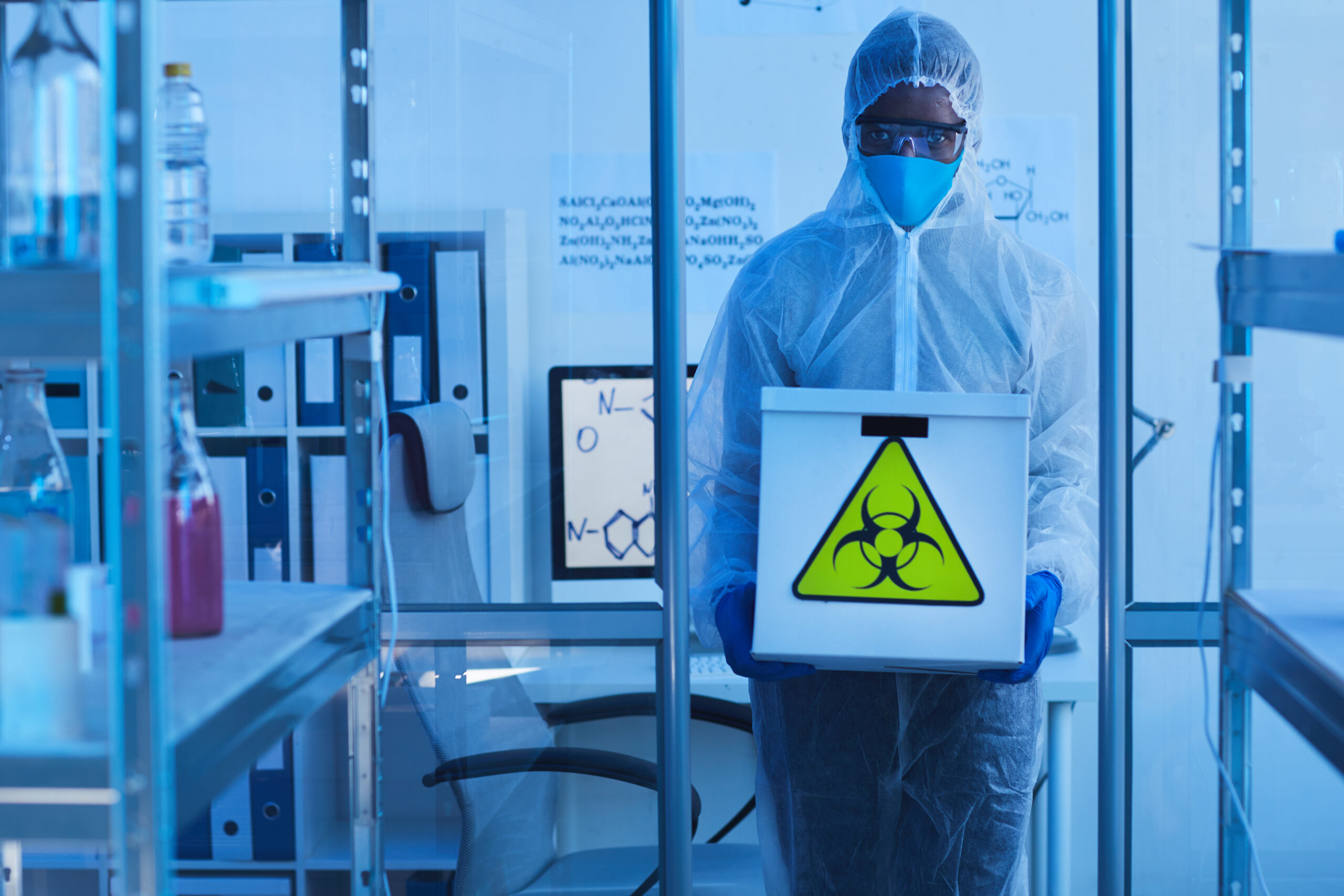 Horizontal medium long shot unrecognizable male laboratory worker in modern protective suit holding box with biological hazards